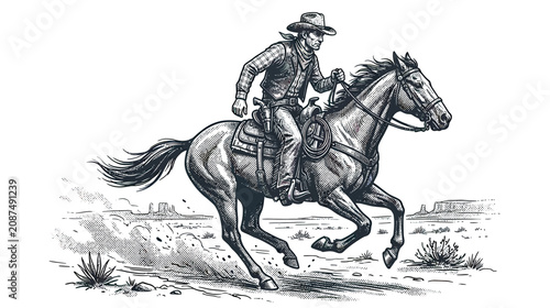 Vintage Cowboy Riding Horse in Desert Landscape, Western Style Illustration