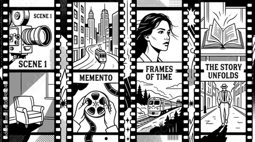 Tableau sur toile Vintage Film Reel Collage: Cinema, Storytelling, Memory, and Travel Scenes