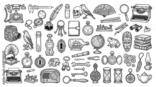 Vintage Objects Collection: Old Technology, Tools, and Curiosities - Engraved Style