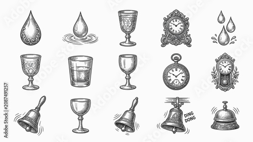 Vintage Icons: Drops, Glasses, Clocks, and Bells - Hand-Drawn Sketch Style