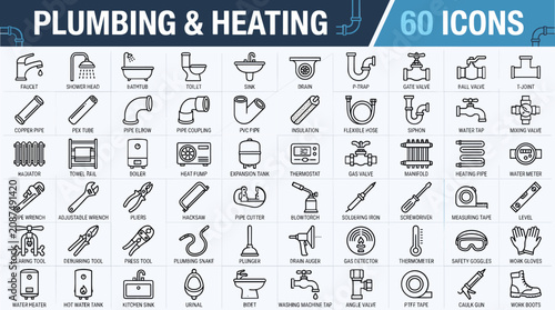 Plumbing and heating icon set, 60 linear vector icons for sanitary engineering, professional HVAC and water system maintenance symbols for web design