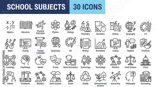 Foto School subjects icon set, 30 education line icons for academic curriculum, black