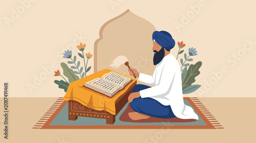 Obraz na plátně Devotee Reading Guru Granth Sahib Scripture Flat Style Vector Illustration