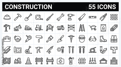 Construction line icons set, 55 industrial building tools and heavy machinery vector symbols, professional architecture and renovation equipment collection