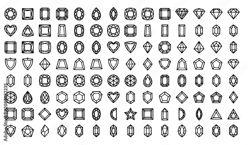 Fototapeta premium Luxury Geometric Diamond Icons Collection with Various Gemstone Cuts Faceted Crystal Shapes and Premium Jewelry Vector Set