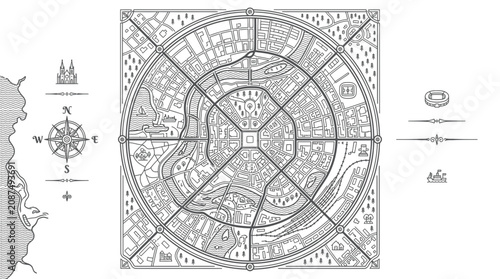 Fantasy City Map Illustration - Medieval Town Plan with Compass Rose