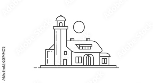 Minimalist coastal lighthouse line art illustration on white background.