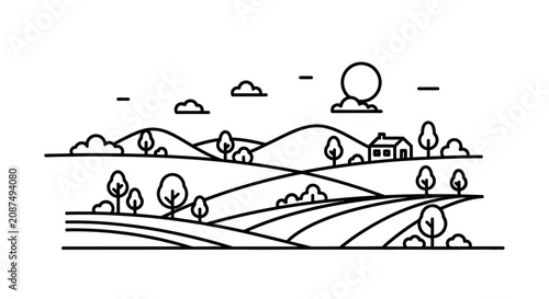 Minimalist countryside landscape line art drawing.