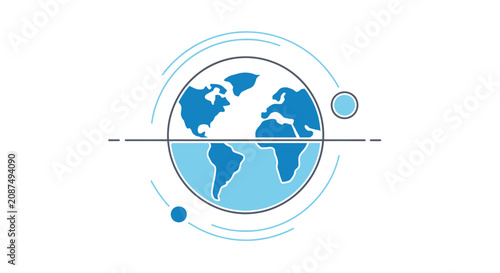 Minimalist globe icon with blue oceans and orbits.