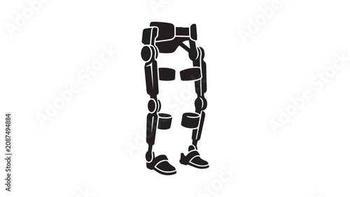 Robotic rehabilitation exoskeleton vector icon illustration featuring a wearable assistive device for physical therapy and mobility enhancement in a minimal black silhouette style