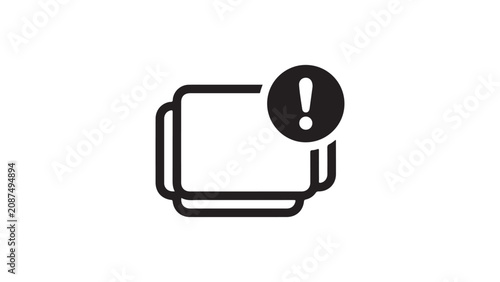 Notification badge vector icon featuring a minimalist design of stacked rectangles with an exclamation mark in a circular badge symbolizing alert message notification or urgent information in a
