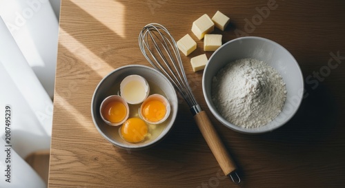 Baking Ingredients Flat Lay Featuring Eggs, Flour, Butter, and Whisk on White Marble Background