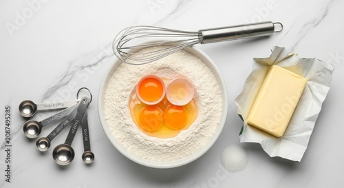 Baking Ingredients Flat Lay Featuring Eggs, Flour, Butter, and Whisk on White Marble Background