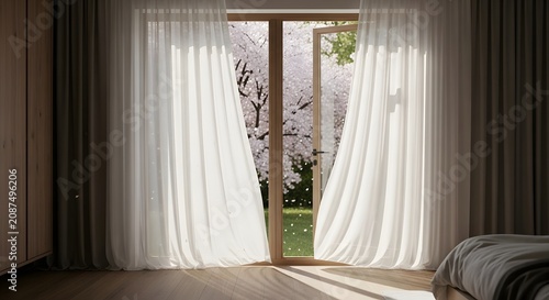 Room with open door and cherry blossom tree