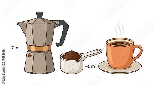 Foto Moka Pot, Coffee Scoop, and Cup of Hot Coffee Illustration with Dimensions
