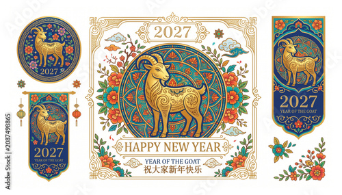 Happy New Year 2027 Vintage Greeting Card Collection with Zodiac Goat, Ornamental Mandala and Traditional Folk Art Festival Design