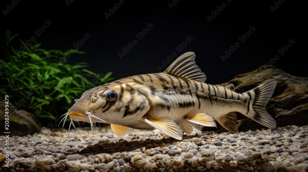 Fototapeta premium Striped Catfish Swimming in Freshwater Aquarium Environment