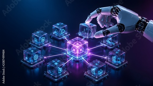 Robotic hand touching floating digital cubes with technological icons symbolizing cloud computing cybersecurity and artificial intelligence network
