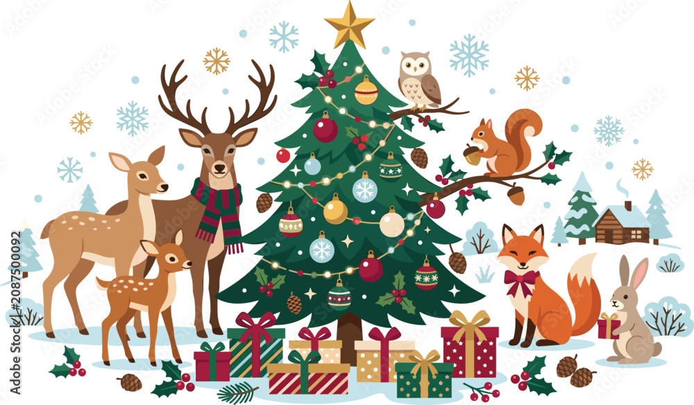 Naklejka premium Winter Christmas Forest Animals with Decorated Christmas Tree, Gifts and Festive Holiday Woodland Vector Illustration