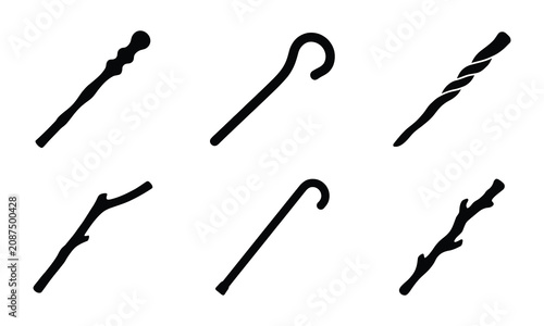 Collection of wooden walking sticks and staves in simple black silhouettes.