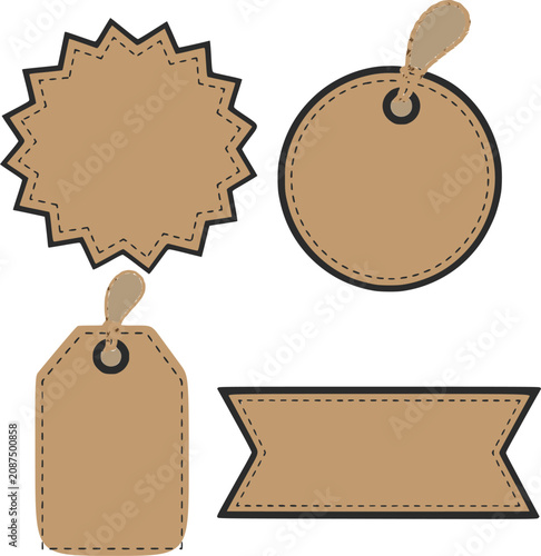 Set of kraft paper price tags with black border and stitch details