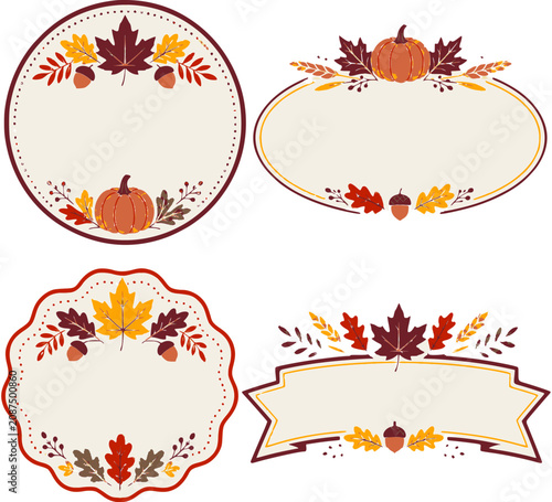 Set of autumn harvest frame templates with pumpkin and maple leaves