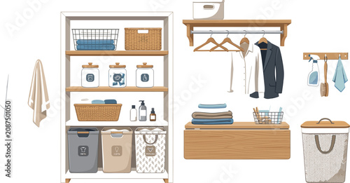 Cuadro en lienzo Home organization vector icon set with laundry room storage shelves, clothes han