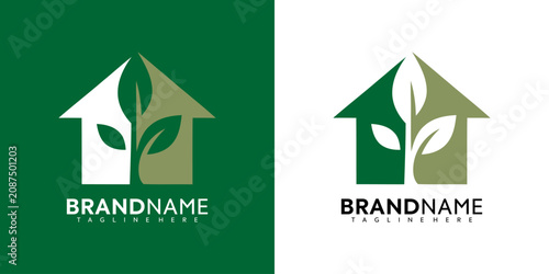 Eco friendly house logo with leaf.