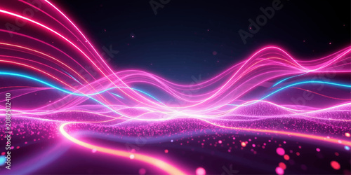 Tableau sur toile Abstract Purple Glowing Wave Background with Neon Light Lines, Fractal Curves, D