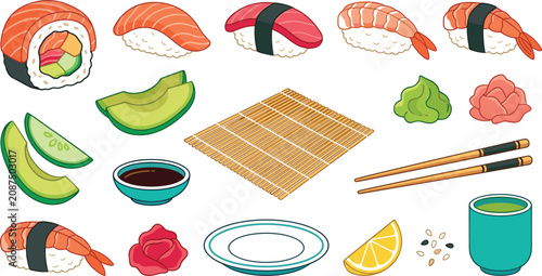 Schilderij op canvas Japanese sushi and maki roll vector illustration set with nigiri chopsticks wasa