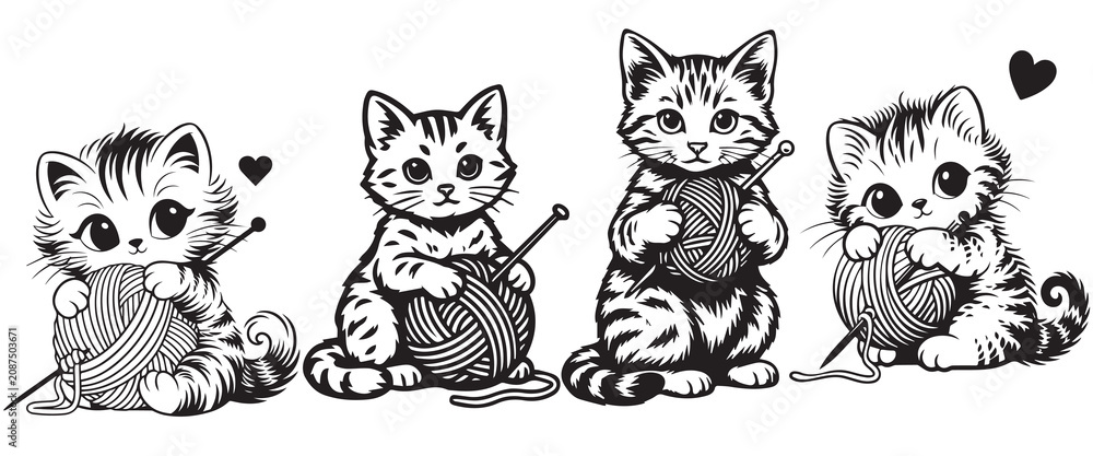 Obraz premium Cute kitten silhouette collection playing with yarn ball and knitting needle, funny cats vector set for craft design