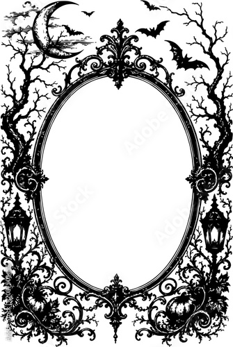Spooky Gothic Halloween Oval Frame with Bats Moon and Trees