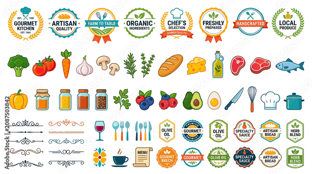 Fototapeta premium Food & Drink Icons: Organic, Gourmet, Artisan Labels, Fresh Ingredients, Kitchenware