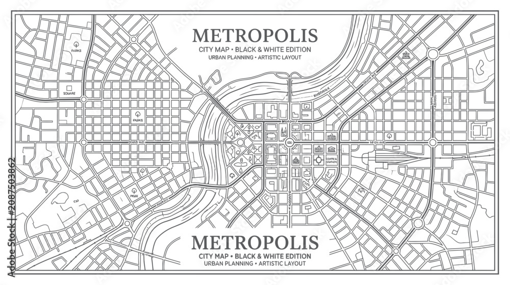 Fototapeta premium Metropolis City Map Black White Edition Urban Planning Artistic Layout