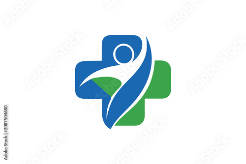 Healthcare medical cross symbol with abstract human figure in blue and green.