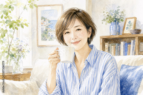リビングでコーヒーを飲みながら微笑む40代女性の爽やかな水彩画イラスト