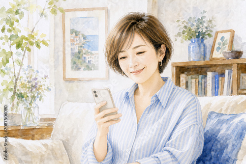 部屋で笑顔でスマートフォンを操作する40代女性の綺麗な水彩画イラスト