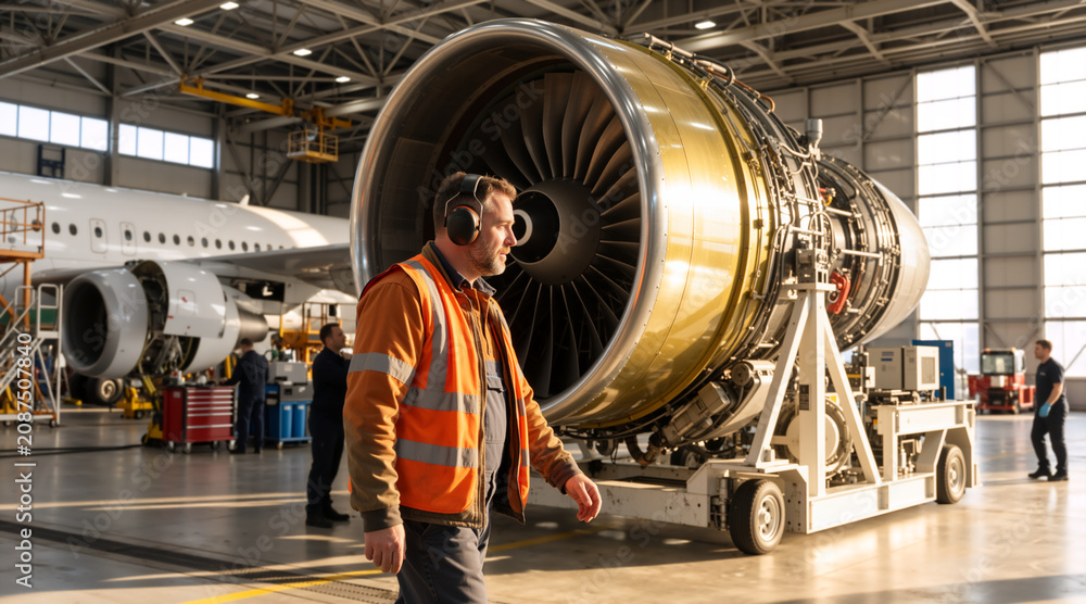 Fototapeta premium Aircraft maintenance engineer walking past a jet engine in a hangar. Aviation technician in high-visibility vest and ear protection. Aerospace engineering and safety concept