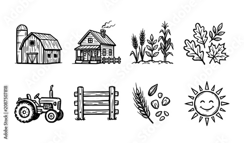 Bild auf Leinwand Rustic agriculture doodle icons farm hand drawn vector set