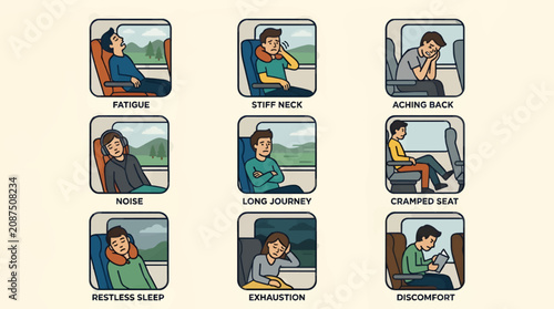 Bild auf Leinwand Flat Vector Icons of Travel Discomforts: Fatigue, Stiff Neck, Aching Back, Noise