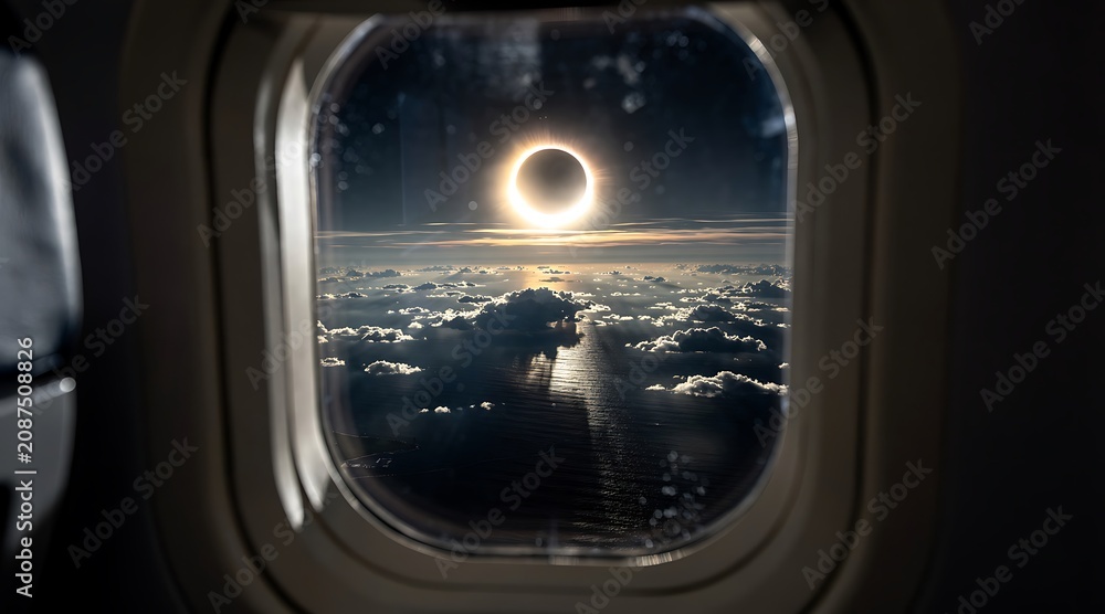 Naklejka premium Stunning View of a Total Solar Eclipse from an Airplane Window.