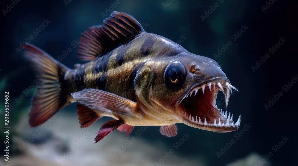 Fototapeta premium Underwater Predator with Sharp Teeth Swimming in Aquatic Environment