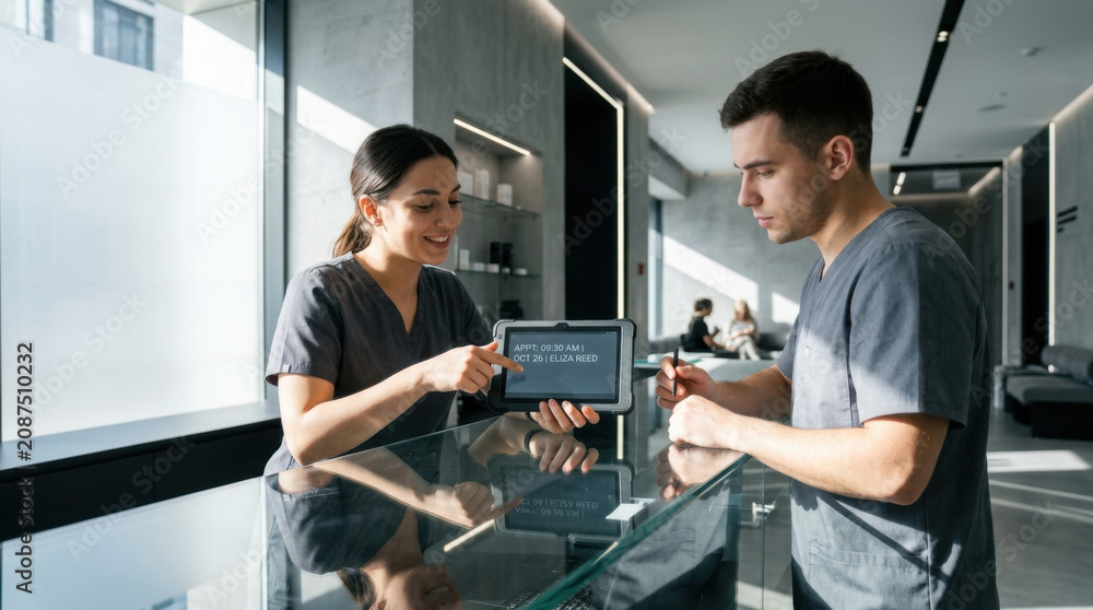 Fototapeta premium Modern Clinic Receptionist And Patient Interaction With Tablet