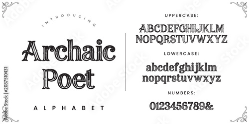 Tableau sur toile Archaic Poet classic serif font with historical artistic engraving texture for l