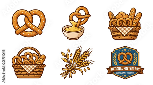 A collection of pretzels and wheat in baskets with a beer and a National Pretzel Day logo on a table indoors.