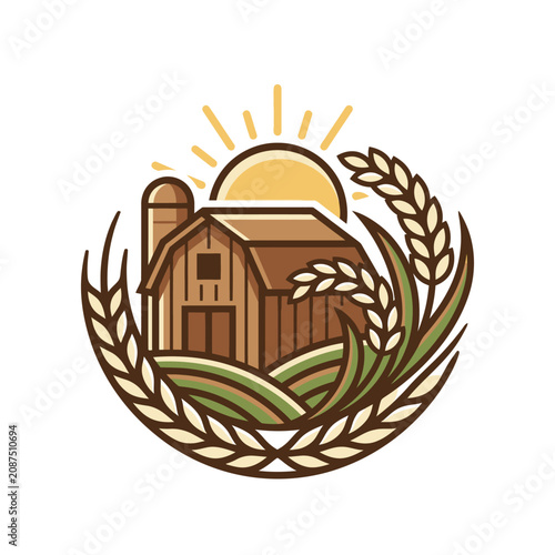 Rural farm barn logo with wheat and sun.