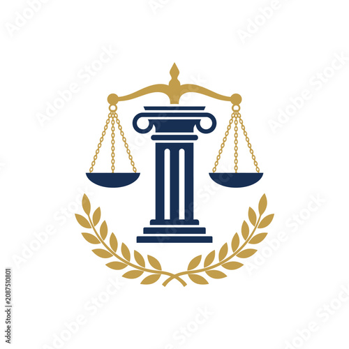 Legal scales of justice with column and wreath.