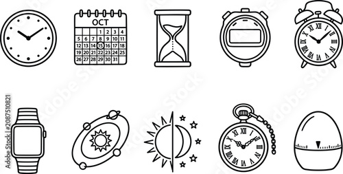 Obraz na plátně Collection of timekeeping icons with various devices and celestial bodies in a c