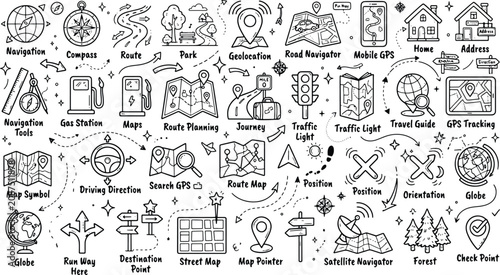 Foto Hand drawn doodle collection of travel navigation and map icons with navigation