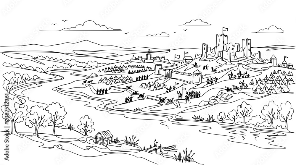 Fototapeta premium Medieval Castle Landscape Drawing with River, Village, and Army